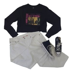 Vans Crop Top Graphic T Shirt Long Sleeve Half Tee Off The Wall Logo Women's Lg.